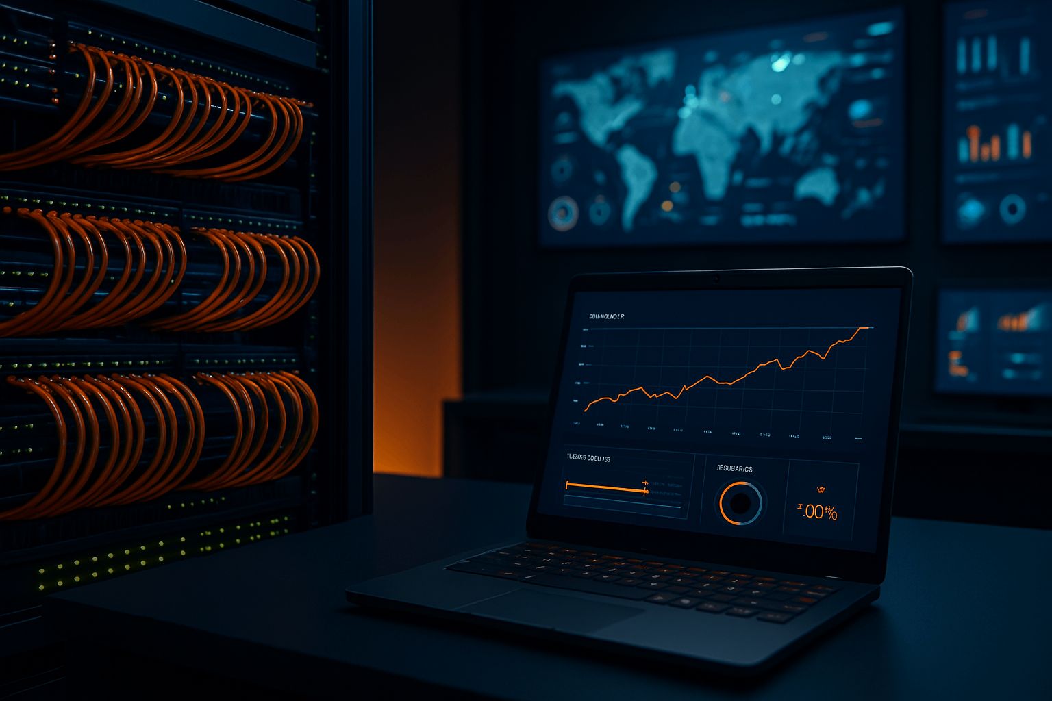 Rack de rede com cabeamento organizado e painel de monitoramento